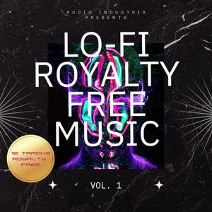 May include: A black and white graphic with a neon pink and blue abstract design. The text reads "LO-FI ROYALTY FREE MUSIC VOL. 1".
