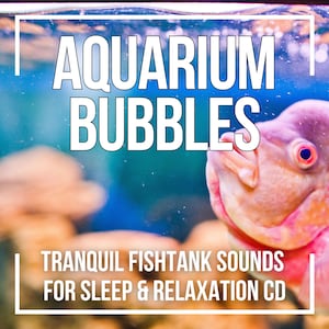 Puede incluir: Una portada de CD con el texto "AQUARIUM BUBBLES" en letras blancas. La imagen presenta un primer plano de un pez rosa en un acuario con un fondo azul. También está presente el texto "TRANQUIL FISHTANK SOUNDS FOR SLEEP & RELAXATION CD".
