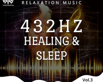 May include: A digital graphic for relaxation music. The image features the text "432HZ Healing & Sleep" in large white letters. The background is dark with abstract shapes and a sound wave graphic. The Audio Industria logo is in the upper left corner.