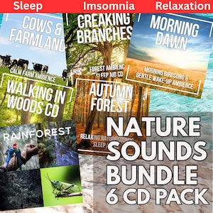 May include: A collection of six CDs with nature sounds for sleep, insomnia, and relaxation. The CD covers show images of cows, forests, and rainforests, with text including "Nature Sounds Bundle" and "6 CD Pack."