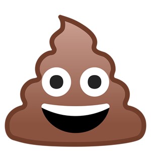 May include: A brown cartoon poop emoji with a wide, toothy smile and large, white eyes.
