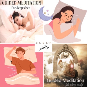 May include: A collage of images depicting guided meditation for sleep. The top left image shows a person sleeping in bed. The top right image shows a person sleeping in bed with a crescent moon and stars above. The bottom left image shows a person sleeping in bed with a pink background. The bottom right image shows a person sleeping in a cloud with a golden archway above. The text "Guided Meditation" appears in the bottom right corner of the image.