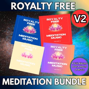 May include: Four square album covers for meditation music, each in a different colour: blue, red, yellow, and purple. The covers display a lotus flower design and the text "ROYALTY FREE" and "MEDITATION MUSIC". The image also includes the text "MEDITATION BUNDLE".
