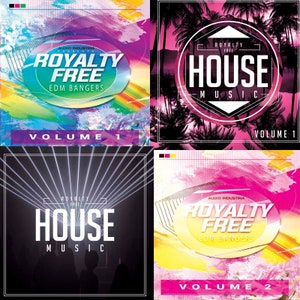 May include: A four-panel digital graphic featuring music album covers. Two panels display "Audio Industria Presents Royalty Free EDM Bangers Volume 1 and 2" with colorful abstract backgrounds. Two panels show "Royalty Free House Music Volume 1" text.
