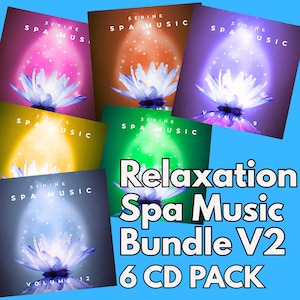 May include: A six-CD pack of relaxation spa music. Each CD cover features a lotus flower design with the words "Serine Spa Music." The bundle is titled "Relaxation Spa Music Bundle V2." The covers have a variety of colours, including pink, orange, purple, yellow, green, and blue.