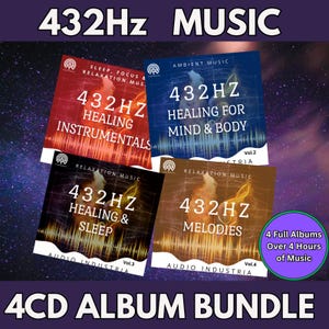 May include: A 4CD album bundle featuring four albums of 432Hz healing music. The album covers are red, blue, brown, and black, with text including "Healing Instrumentals," "Healing for Mind & Body," "Healing & Sleep," and "Melodies." The bundle promises over 4 hours of music.