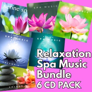 May include: A 6-CD pack of "Relaxation Spa Music" with images of lotus flowers. The CD covers feature the text "Serine Spa Music" and "Volume" numbers. The background is a vibrant pink.