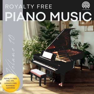 May include: A black grand piano with the lid open, displaying the keys and strings. The image includes the text "ROYALTY FREE PIANO MUSIC Volume 10". A small bench is positioned in front of the piano. The background features plants and a framed picture.