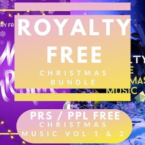 Może przedstawiać: Grafika promocyjna z fioletowo-żółtym gradientem w tle. Tekst "ROYALTY FREE CHRISTMAS BUNDLE" jest wyraźnie widoczny. Poniżej znajduje się napis "PRS / PPL FREE CHRISTMAS MUSIC VOL 1 & 2". Ogólnym tematem jest muzyka świąteczna.