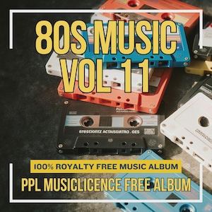 May include: A collection of colorful plastic cassette tapes stacked together. The text 80S MUSIC VOL 11 is overlaid in yellow, along with the text 100% ROYALTY FREE MUSIC ALBUM and PPL MUSICLICENCE FREE ALBUM. The tapes are blue, red, black, and white.