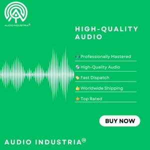May include: Green background with a white sound wave graphic and the text "HIGH-QUALITY AUDIO" in white. Below the text are five icons with text: "Professionally Mastered", "High-Quality Audio", "Fast Dispatch", "Worldwide Shipping", and "Top Rated". A green button with the text "BUY NOW" in white is at the bottom of the image.