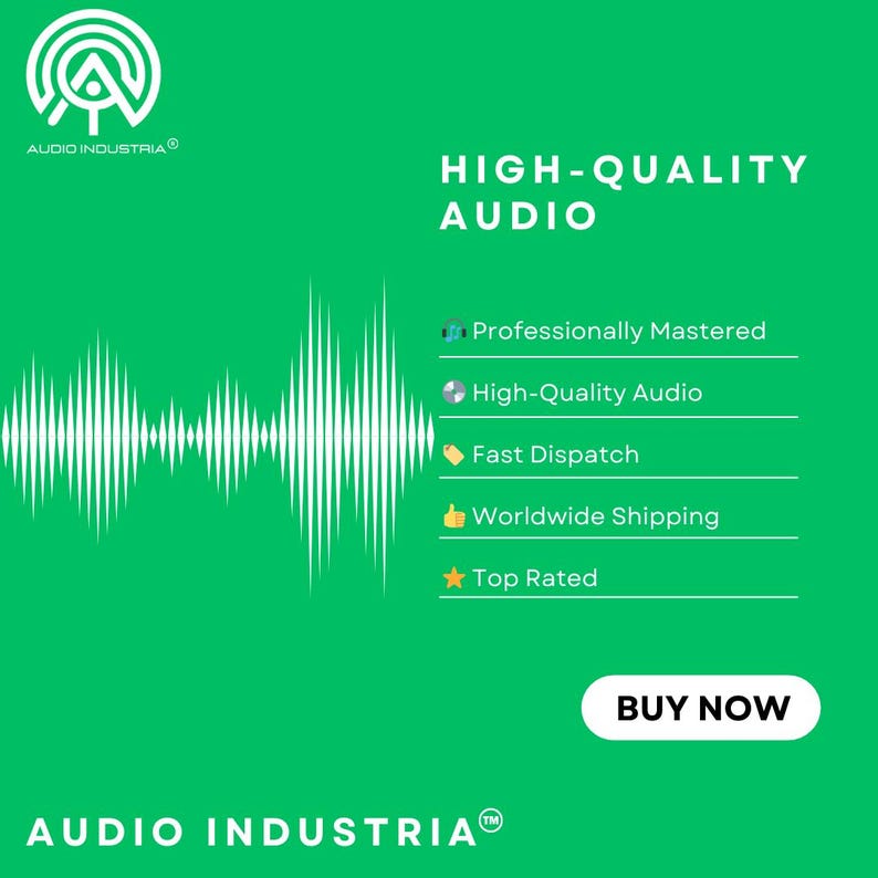May include: Green background with a white sound wave graphic and the text "HIGH-QUALITY AUDIO" in white. Below the text are five icons with text: "Professionally Mastered", "High-Quality Audio", "Fast Dispatch", "Worldwide Shipping", and "Top Rated". A green button with the text "BUY NOW" in white is at the bottom of the image.
