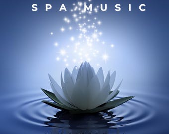 Op de afbeelding: Een albumhoes voor ontspannende spa-muziek. Een witte lotusbloem drijft op rimpelend water, met fonkelende lichtjes erboven. De tekst luidt "SERINE SPA MUSIC VOLUME 4" in het wit, tegen een blauwe gradiënt achtergrond.