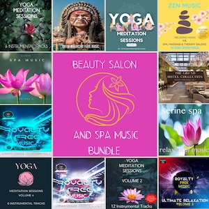 May include: A collage of album covers for yoga, meditation, spa, and relaxation music. The covers feature images of lotus flowers, a Native American flute player, a woman's face, and a zen garden. The text on the covers includes "Yoga Meditation Sessions", "Spa Music", "Zen Music", "Serine Spa", and "Relaxation Music".