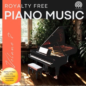 Pode incluir: Um piano de cauda preto com um banco a condizer é apresentado nesta imagem. O piano tem um acabamento brilhante e está situado num cenário de vegetação e uma janela. O texto "PIANO MUSIC" é exibido em destaque.