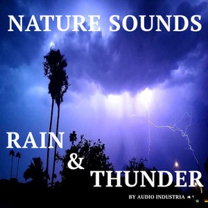May include: A dark blue sky with a lightning bolt and rain clouds. The text "NATURE SOUNDS RAIN & THUNDER BY AUDIO INDUSTRIA" is at the top of the image.