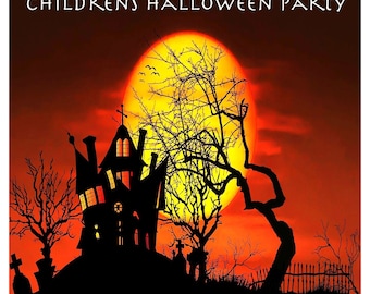 May include: A black silhouette of a haunted house with a spooky tree and a bright orange moon in the background. The text "CHILDREN'S HALLOWEEN PARTY" is at the top of the image.
