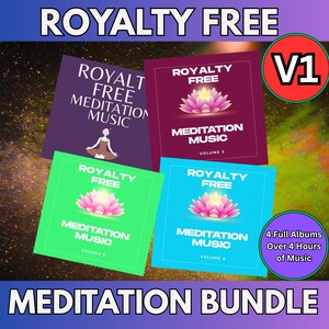 May include: Four album covers for meditation music are displayed. Each cover has the words "Royalty Free" and "Meditation Music". The covers are in purple, burgundy, green, and blue, each with a lotus flower graphic. The image also includes the text "Meditation Bundle".