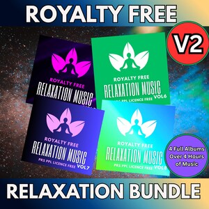 May include: Four album covers for relaxation music are displayed. Each square cover features a person in a yoga pose within a leaf design. The covers are in purple, green, and blue, with the text "Royalty Free Relaxation Music". The image also includes the text "Relaxation Bundle".