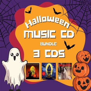 Puede incluir: Gráfico de un paquete de CD de música de Halloween con un fantasma de dibujos animados, murciélagos y calabazas. El texto dice "Halloween Music CD Bundle 3 CDs". Se ven tres portadas de CD, con escenas espeluznantes.