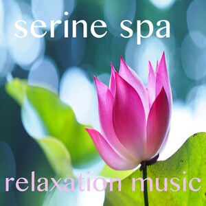 May include: A pink lotus flower with green leaves in the background. The text "serine spa relaxation music" is written in white and pink letters.