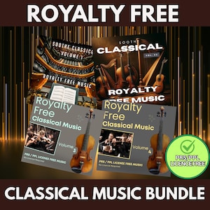 May include: A collection of four classical music albums, each with the words "ROYALTY FREE" at the top. The album covers display images of violins, harps, and guitars. The text "CLASSICAL MUSIC BUNDLE" is at the bottom of the image.