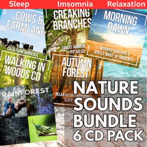 Könnte beinhalten: Ein Set aus sechs CDs mit Naturgeräuschen für Schlaf und Entspannung. Die CD-Cover zeigen Bilder von Kühen, Wäldern und Regenwäldern, mit Text wie "Nature Sounds Bundle" und "6 CD Pack."