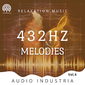 May include: A brown digital album cover titled 432HZ MELODIES RELAXATION MUSIC Vol.4 by AUDIO INDUSTRIA. The design features a central white text overlay, a stylised musical treble clef, a grid pattern, and a bright yellow sound wave graphic.