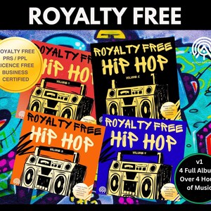 Könnte beinhalten: Vier quadratische Albumcover mit dem Titel Royalty Free Hip Hop, Bände 1 bis 4, mit gelben Ghettoblaster-Illustrationen auf rotem, schwarzem, orangem und blauem Hintergrund. Jedes Cover enthält ein goldenes Siegel mit der Aufschrift Royalty Free PRS/PPL Licence Free.