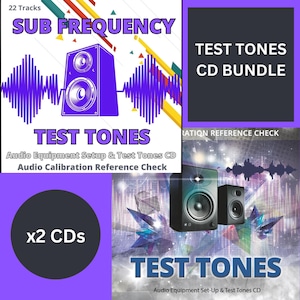 Puede incluir: Un gráfico morado y amarillo con un altavoz y ondas sonoras. El texto "SUB FREQUENCY TEST TONES" está en blanco. El texto "Audio Equipment Setup & Test Tones CD Audio Calibration Reference Check" está en negro. El texto "TEST TONES CD BUNDLE" está en blanco. Un gráfico morado y amarillo con un altavoz y ondas sonoras. El texto "TEST TONES" está en blanco. El texto "Audio Equipment Set-Up & Test Tones CD" está en negro. El texto "x2 CDs" está en blanco.