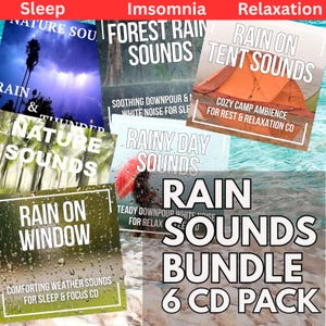 May include: A 6-CD pack titled "Rain Sounds Bundle" featuring various nature sound CDs. The covers display images of rain, thunderstorms, and a tent. The CDs are labeled "Nature Sounds," "Forest Rain Sounds," and "Rain on Tent Sounds."
