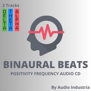 Pode incluir: Um gráfico quadrado apresentando a silhueta cinza-escura de uma cabeça humana com uma linha de onda sonora vermelha no centro. O texto diz 3 Tracks, DELTA, THETA, ALPHA, BINAURAL BEATS, POSITIVITY FREQUENCY AUDIO CD e By Audio Industria.