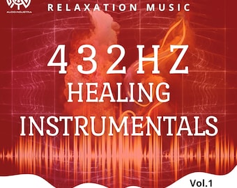 May include: A red album cover with the text "SLEEP, FOCUS & RELAXATION MUSIC" and "432HZ HEALING INSTRUMENTALS." The Audio Industria logo is in the upper left corner. The album is labeled "Vol. 1."