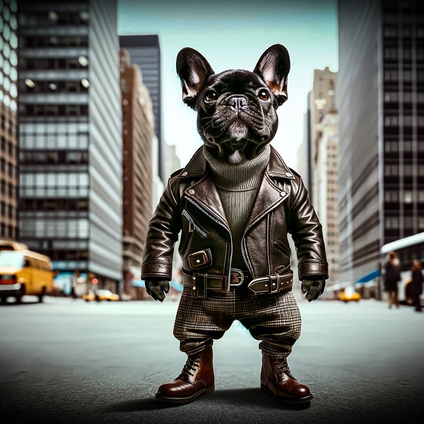 Urban Chic Leather Dressed French Bulldog, French Bulldog, Leather Outfit, Fashion Dog, City Dog, Trendsetter, Pet Chic,