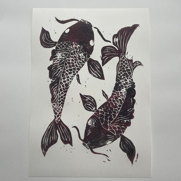 Koi Linoldruck (Original), selbstgemacht, Fische
