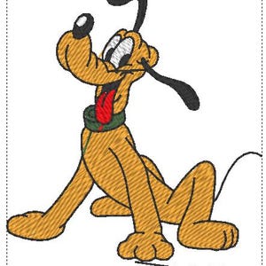 Puede incluir: Una ilustración de dibujos animados de Pluto, un perro amarillo con orejas negras, una lengua roja que sobresale y un collar verde y rojo. Pluto está sentado sobre sus patas traseras con sus patas delanteras levantadas.