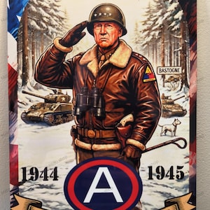 May include: Vintage metal sign featuring a military officer saluting, with tanks and a snowy forest backdrop. The sign includes the text "Battle of the Bulge," the years 1944 and 1945, and the word "Bastogne."