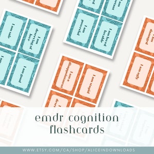 May include: A set of teal and orange cognitive flashcards with affirmations printed on them. The affirmations include phrases like "I am safe", "I am good", "I am deserving of love", "I am powerful", "I am loved and lovable", "I am a disappointment", "I am stupid", and "I am ugly".