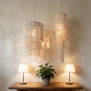 May include: Two cream-coloured macrame chandeliers with tiered fringe hang above a wooden table. Two small table lamps with white shades and a potted plant are on the table. The background is a neutral colour.