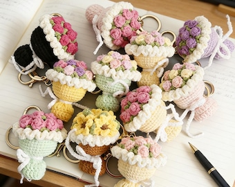 Handmade Crochet Mini Rose Bouquet Keychain, Flower Bag Charm Gift,Mother's Day Gift