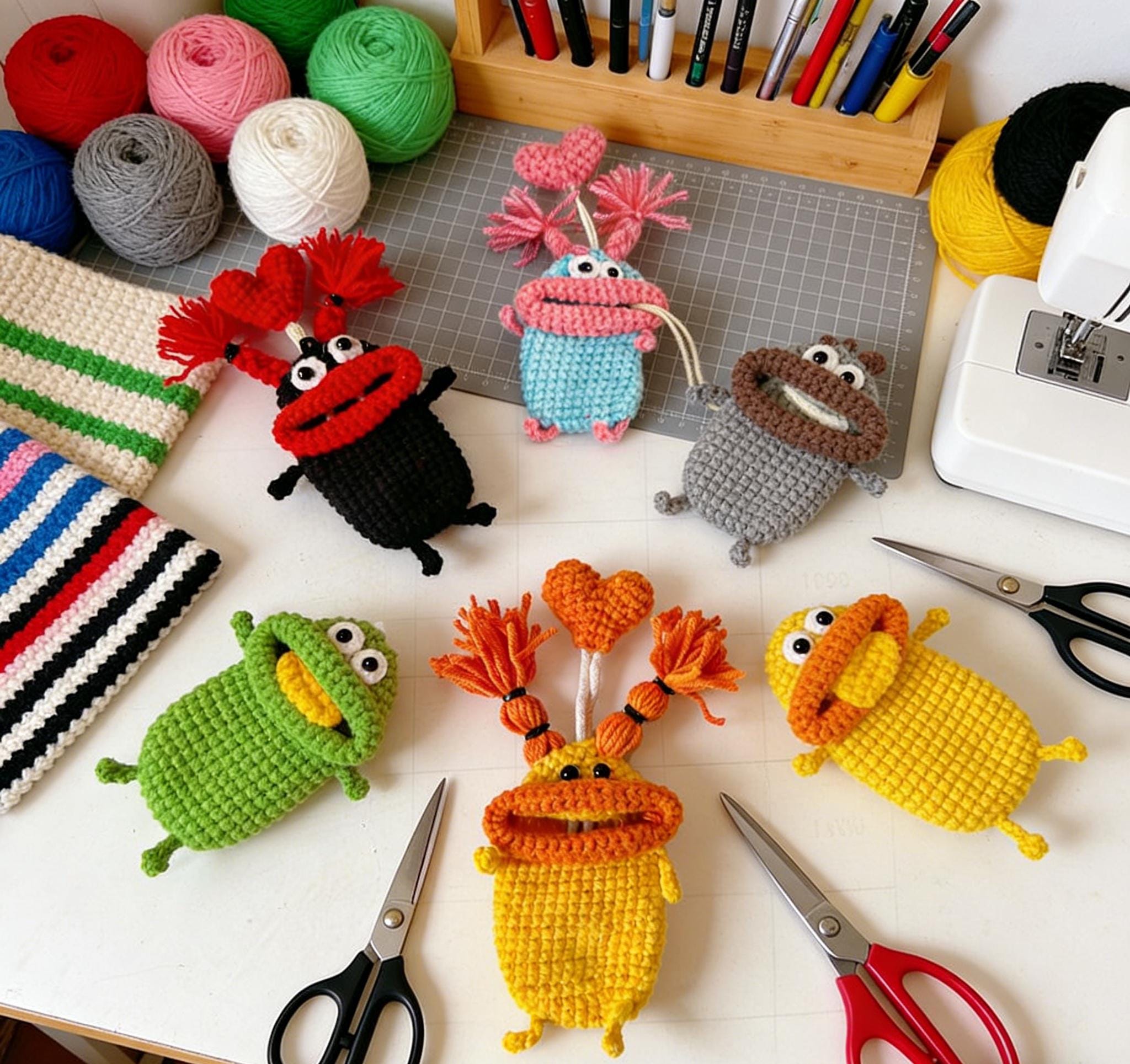 Handmade Funny Sausage Mouth Monster Keychain | Crochet Pull-out
