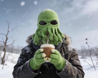Cthulhu Ski Mask | Crochet Octopus Balaclava | Knit Beard Face Mask | Novelty Snow Gear