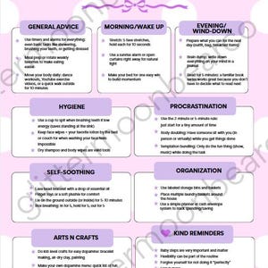 May include: A light purple informational chart titled ADHD FRIENDLY TIPS, featuring sections on general advice, morning routines, evening wind-downs, hygiene, procrastination, self-soothing, organization, arts and crafts, and kind reminders.