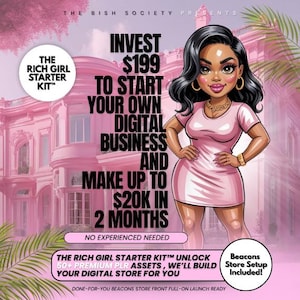 Könnte beinhalten: Illustrierte Werbung für "The Rich Girl Starter Kit". Das Bild zeigt eine Cartoon-Frau in einem rosa Kleid mit dem Text "Investieren Sie 199 $ um Ihr eigenes digitales Geschäft zu starten und bis zu 20.000 $ in 2 Monaten zu verdienen". Der Hintergrund ist ein rosa Gebäude.