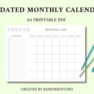 Undated Monthly Planner Printable Landscape, Monday & Sunday Start, Ink Friendly Minimalist Design, Instant Download, A4