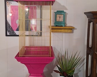 Vintage Mid Century Modern pink plastic-metal wire bird cage MCM pearlescent pink
