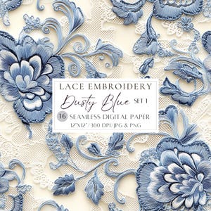 Staubige Blaue Spitze Stickerei Digitales Papier Set Vintage Spitze Nahtlose Muster Spitze Digitaler Hintergrund Hochzeitseinladung Hintergrund