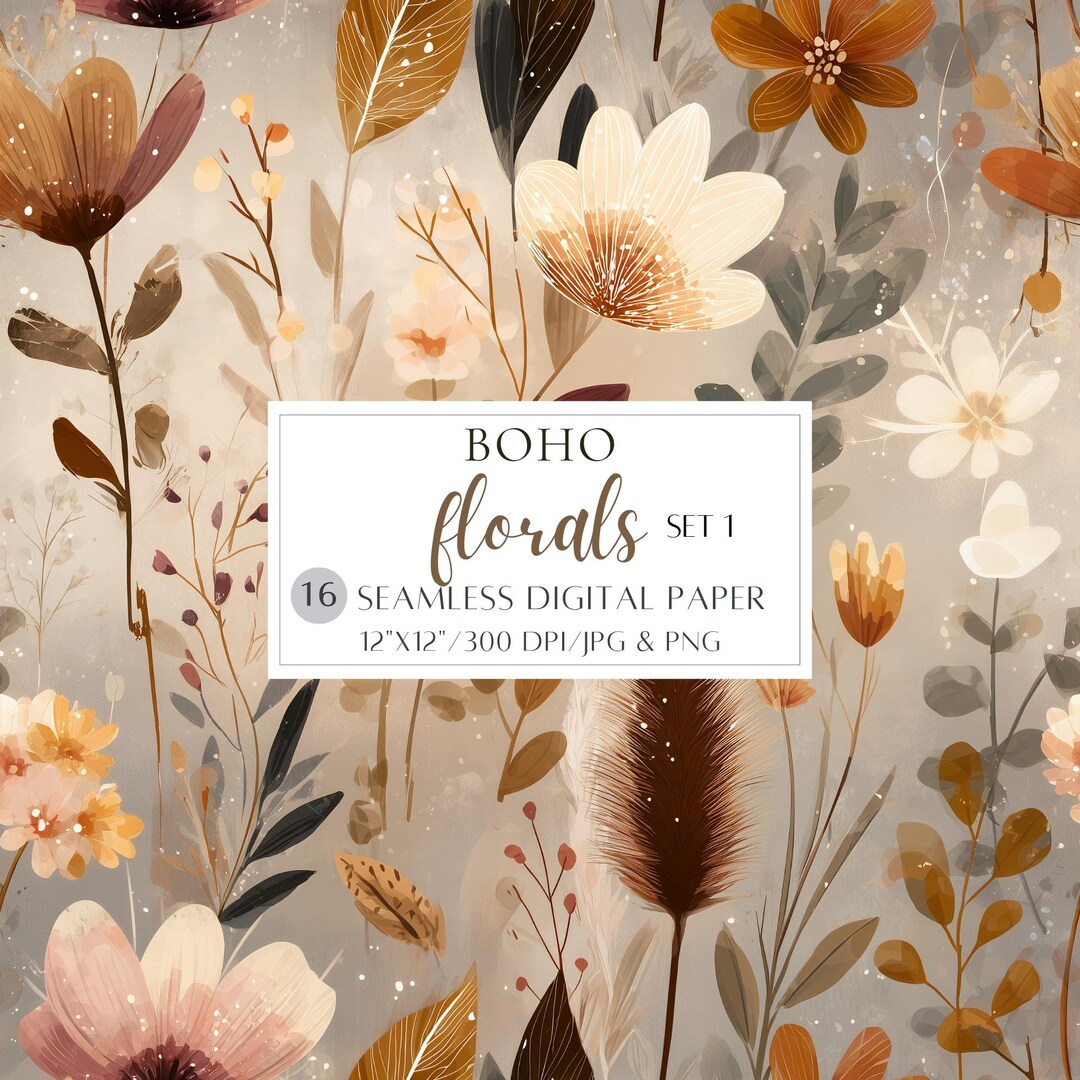 Boho Floral Seamless Digital Paper Neutral Watercolor Flower Pattern ...