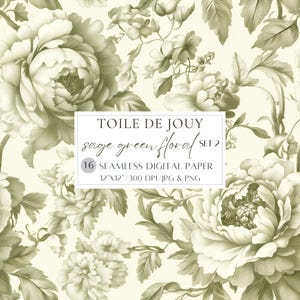 Floral Toile De Jouy Digital Paper Light Green Seamless Pattern French Vintage Floral Patterns Scrapbook Paper Wrapping Paper