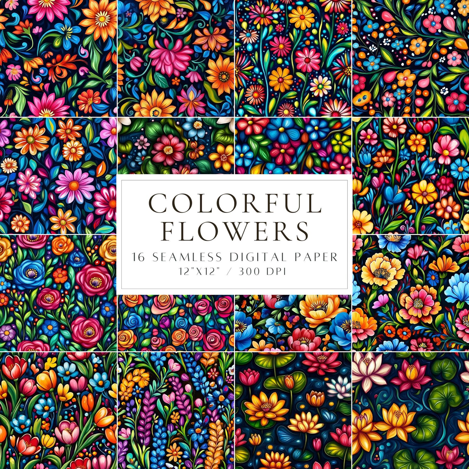 Colorful Flowers Seamless Digital Paper Vibrant Floral Design Pattern ...